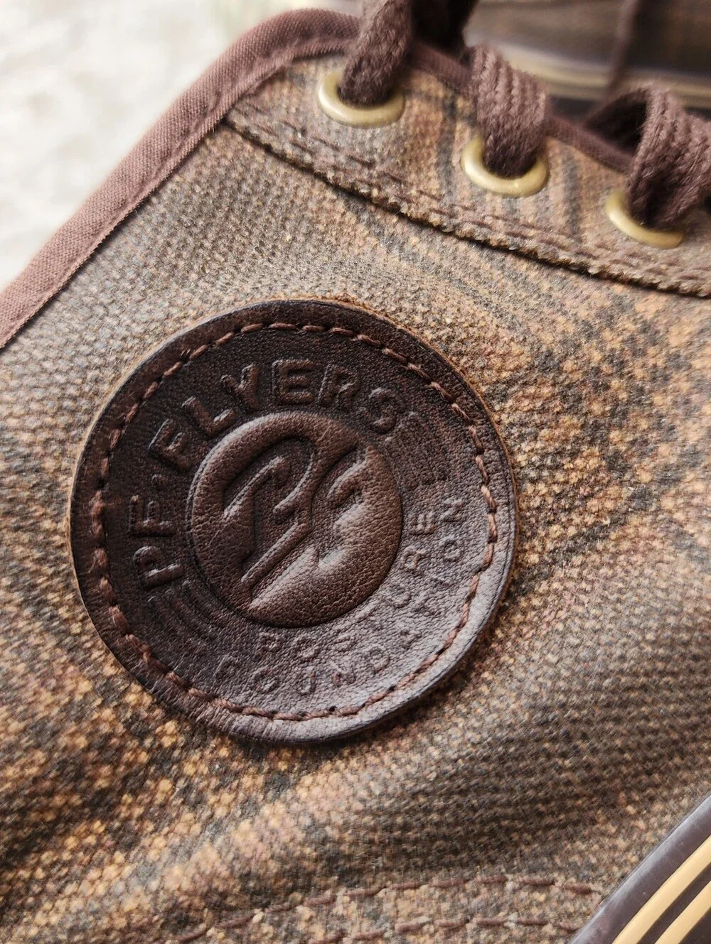 PF Flyers Brown Canvas Plaid High-Top Grunge Skater Sneakers, Sz M 5.5, W 7